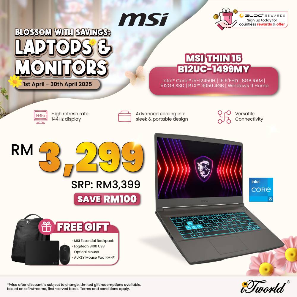 MSI Thin 15 B12UC-1499MY Gaming Laptop (i5-12450H,8GB, 512GB SSD,RTX3050 4GB,15.6"FHD,W11H,Gray,2Y)