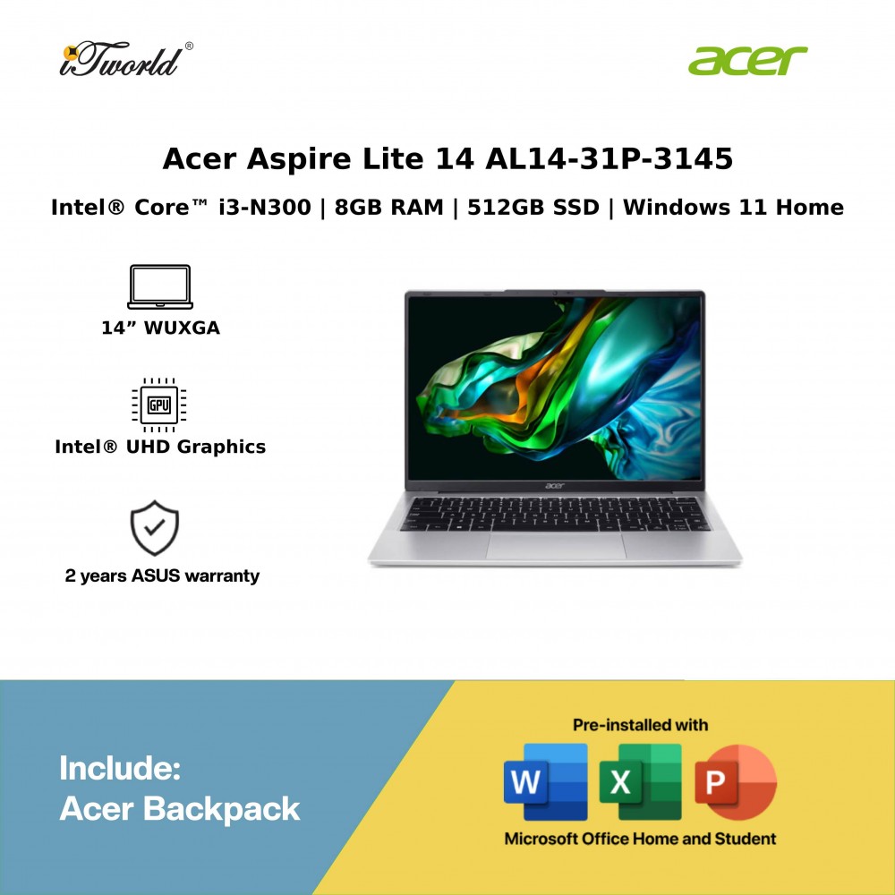 Acer Aspire Lite 14 AL14-31P-3145 Laptop (Intel  ® Core™ i3-N300 | 14” WUXGA | 8GB RAM | 512GB SSD | Intel  ® UHD Graphics | Windows 11 Home)