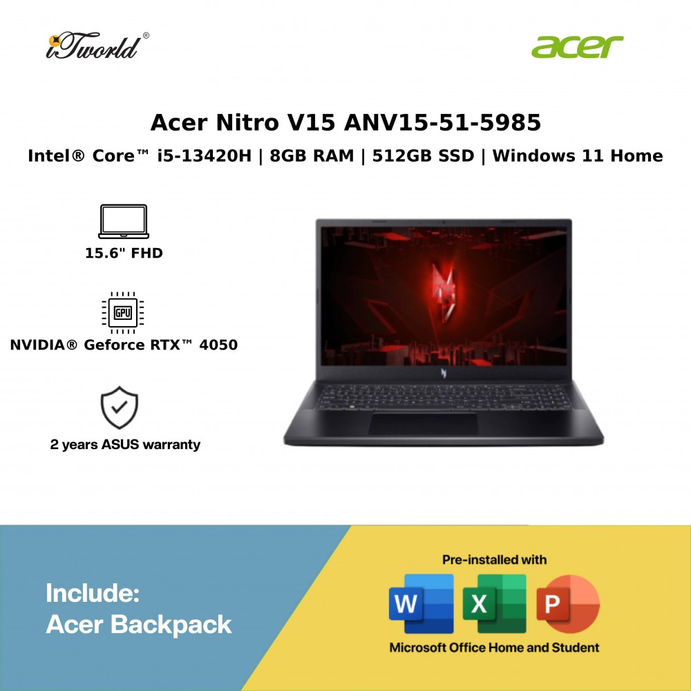 Acer Nitro V15 ANV15-51-5985 Laptop (Intel  ® Core™ i5-13420H Processor | 15.6” FHD | 8GB RAM | 512GB SSD | NVIDIA  ® Geforce RTX™ 4050 | Windows 11 Home)