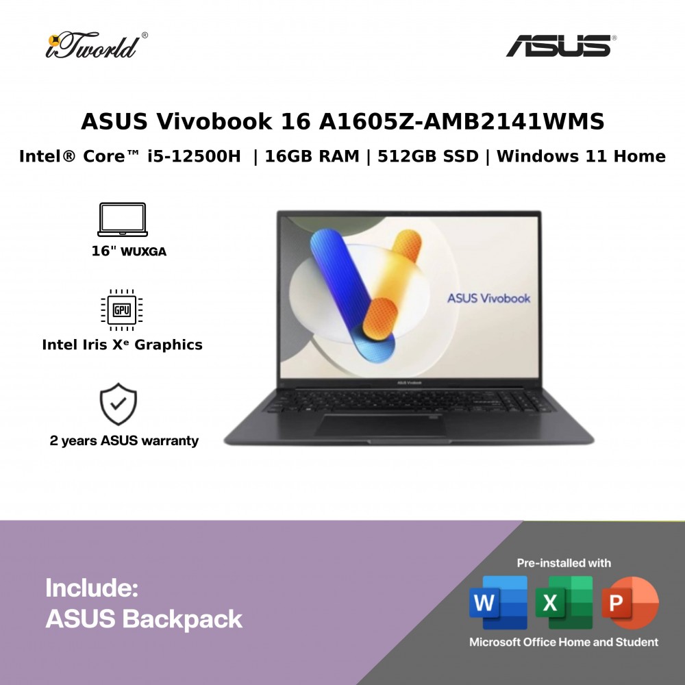 ASUS Vivobook 16 A1605Z-AMB2141WMS Laptop (Intel  ® Core™ i5-12500H | 16” WUXGA | 16GB RAM | 512GB SSD | Intel Iris Xᵉ Graphics | Windows 11 Home) 