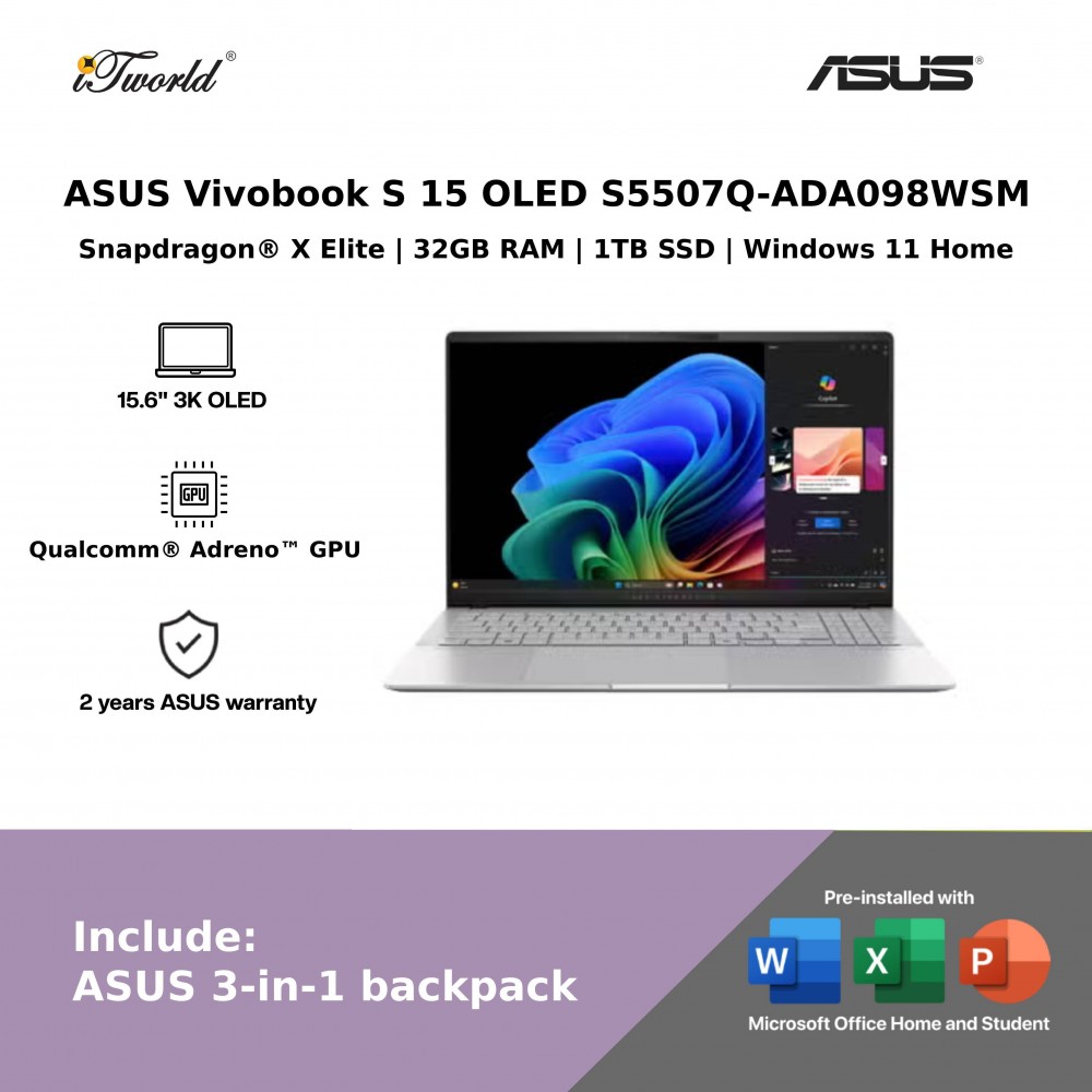 ASUS Vivobook S 15 OLED S5507Q-ADA098WSM Laptop (Snapdragon  ® X Elite X1E 78 100 | 15.6”3.2K OLED | 32GB RAM | 1TB SSD | Qualcomm  ® Adreno™ GPU | Windows 11 Home)