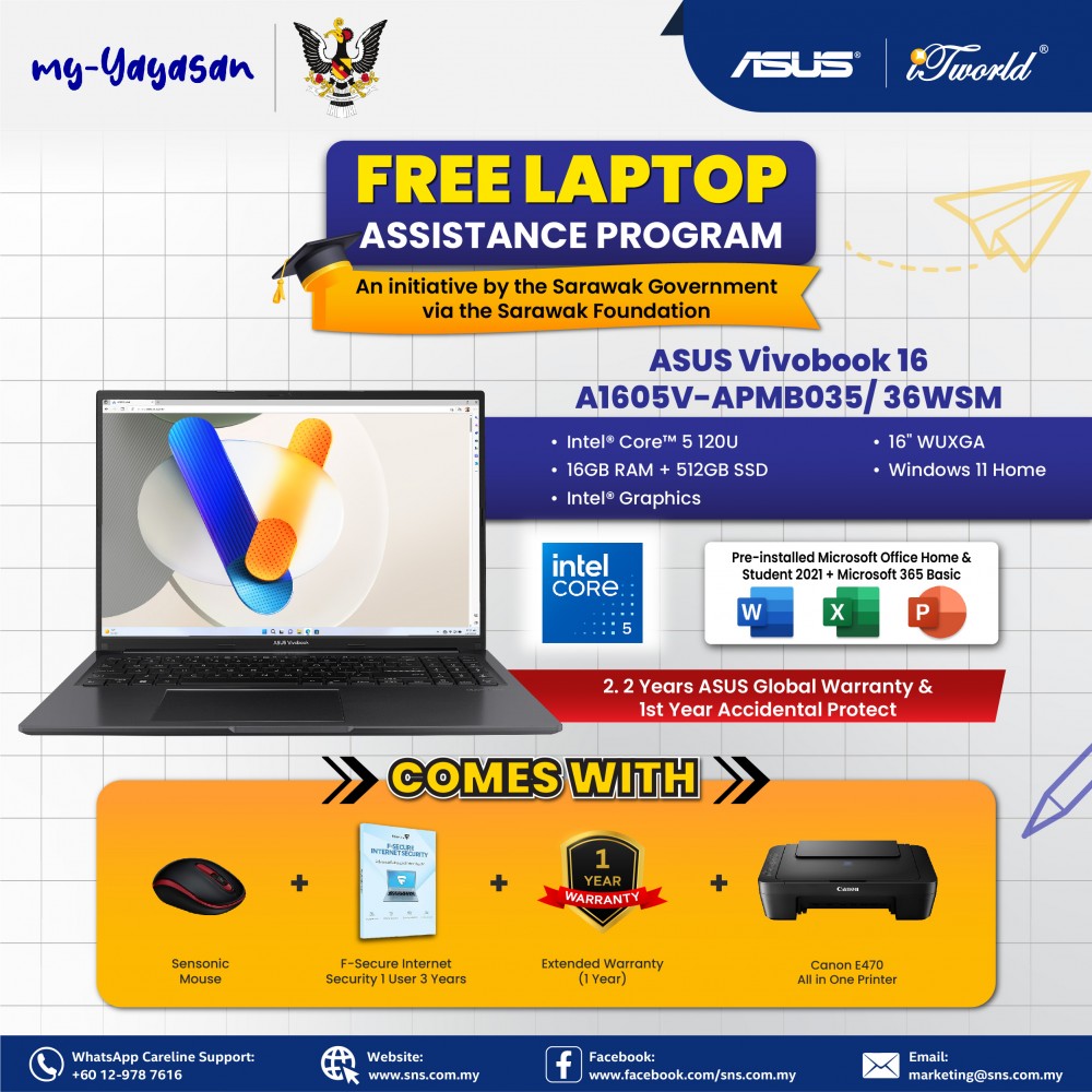 (my-Yayasan) ASUS Vivobook 16 A1605V-APMB035WSM Laptop (Intel  ® Core™ 5 Processor 120U | 16”WUXGA | 16GB RAM | 512GB SSD | Intel  ® Graphics | Windows 11 Home | Office Home & Student + Offie 365)