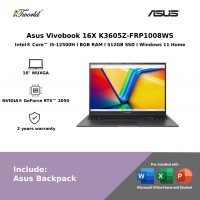 Asus Vivobook 16X K3605Z-FRP1008WS Laptop (Intel??® Core™ i5-12500H |  16" WUXGA | 8GB RAM | 512GB SSD | NVIDIA??® GeForce RTX™ 2050 | Windows 11 Home | Office Home & Student)