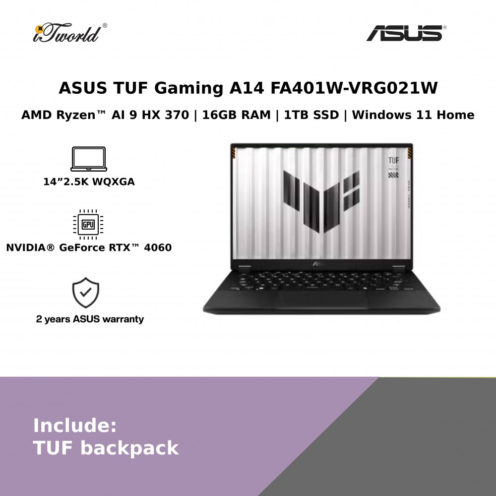 ASUS TUF A14 FA401W-VRG021W Gaming Laptop (NVIDIA  ® GeForce RTX™ 4060 8GB,R9 AI-HX370,16GB,1TB SSD,14”2.5K WQXGA,W11H,Jaeger Gray,2Y)
