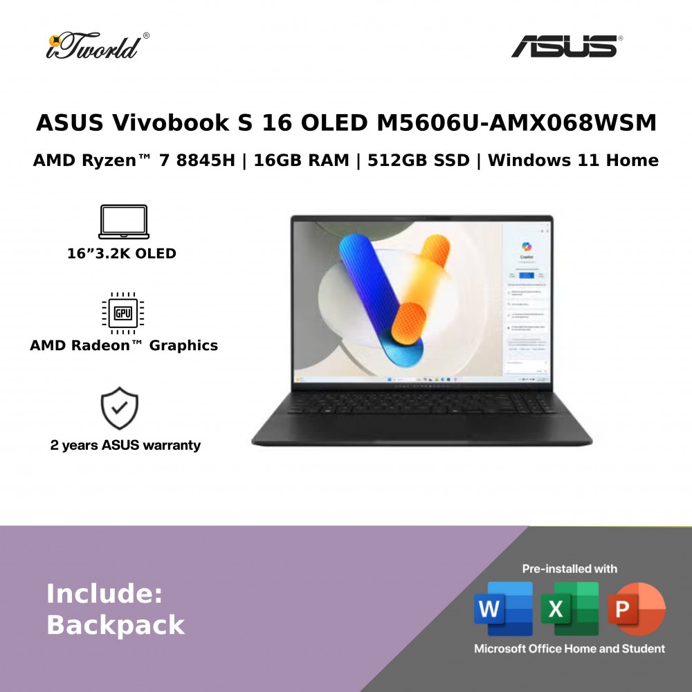 ASUS Vivobook S 16 OLED M5606U-AMX068WSM Laptop (AMD Ryzen 7 8845HS | 16”3.2K OLED | 16GB RAM | 512GB SSD | AMD Radeon Graphics | Windows 11 Home | Office Home & Student + Office 365)