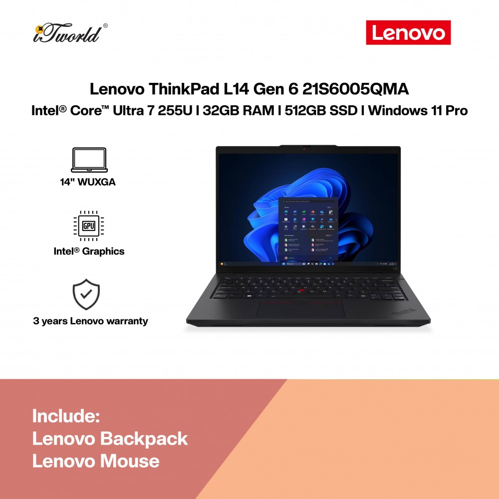 Lenovo ThinkPad L14 Gen 6 21S6005QMA Business Laptop (Intel  ® Core™ Ultra 7 Processor 255U | 14" WUXGA | 32GB RAM | 512GB SSD | Intel Graphics | Windows 11 Pro | Free Lenovo Backpack & Lenovo Mouse)