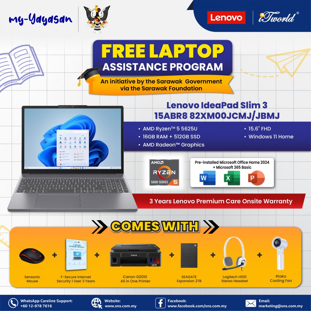 (my-Yayasan) Lenovo IdeaPad Slim 3 15ABR8 82XM00JBMJ Laptop (AMD Ryzen 5 7430U | 15.6" FHD | 16GB RAM | 512GB SSD | Integrated AMD Radeon™ Graphics | Windows 11 Home | Office Home & Student)