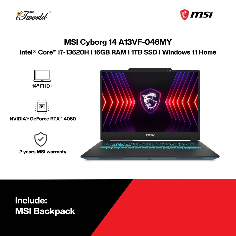 MSI Cyborg 14 A13VF-046MY Gaming Laptop (i7-13620H,16GB,1TB SSD,RTX4060 8GB,14”FHD+,W11H,Black,2Y)